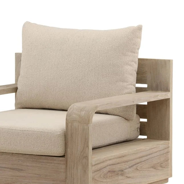 Wooden chair with beige cushions on a white background