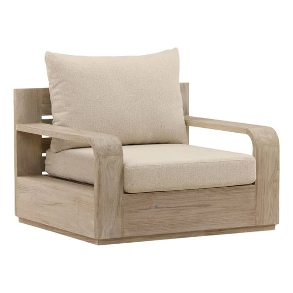 Beige armchair with wooden frame on a white background