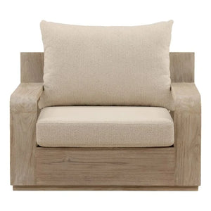 Beige armchair with wooden frame on a white background