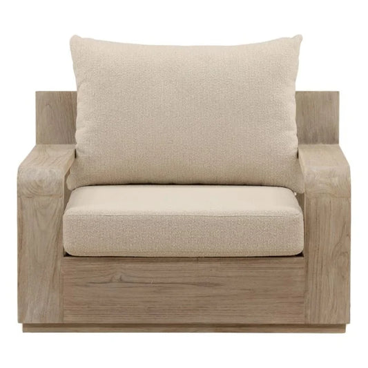 Beige armchair with wooden frame on a white background