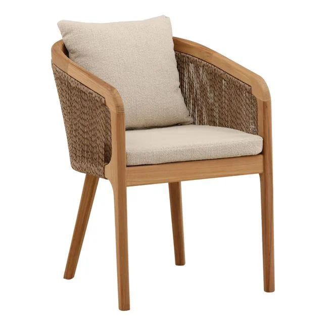 Wooden armchair with woven backrest and beige cushion on a white background