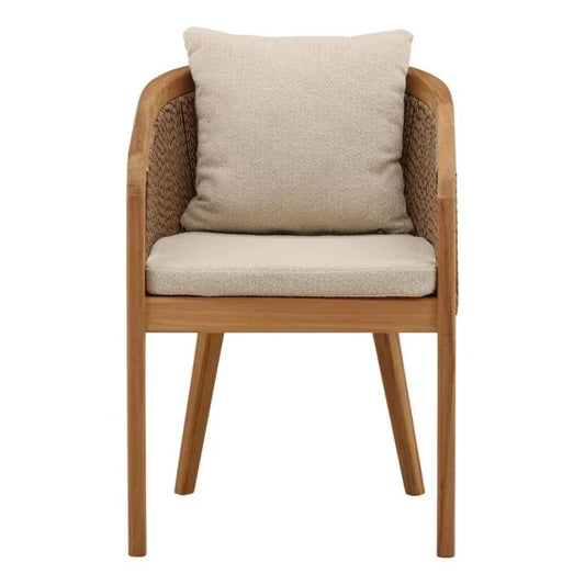 Wooden chair with woven armrests and beige cushion on a white background