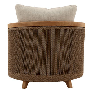 Round woven ottoman with a wooden lid and beige cushion on a white background