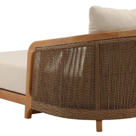 Sofa with wooden frame and woven backrest on a white background