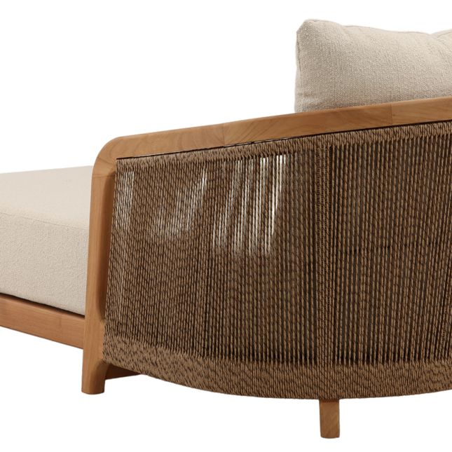 Sofa with wooden frame and woven backrest on a white background