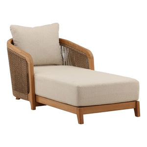 Beige lounge chair with woven armrests on a white background