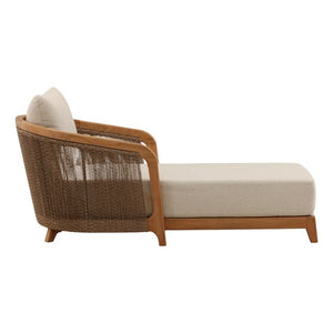 Wicker outdoor lounge chair with beige cushion on a white background