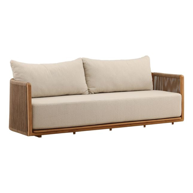 Beige sofa with wicker frame on a white background