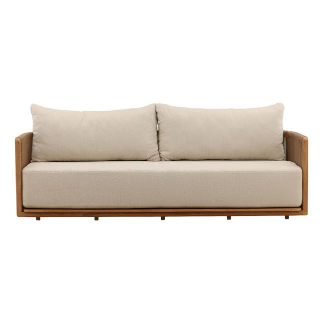 Beige sofa with wooden frame on a white background