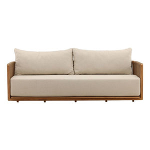 Beige sofa with wooden frame on a white background