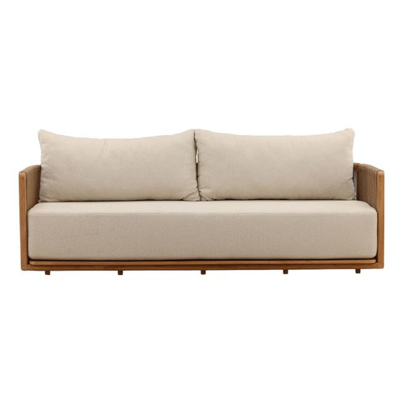 Beige sofa with wooden frame on a white background