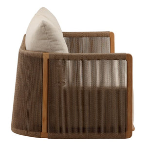 Brown armchair with striped backrest and white cushion on a white background