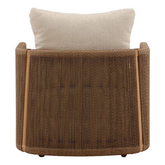 Brown armchair with a beige cushion on a white background