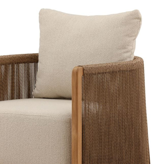 Beige cushion on a brown-framed chair with a white background