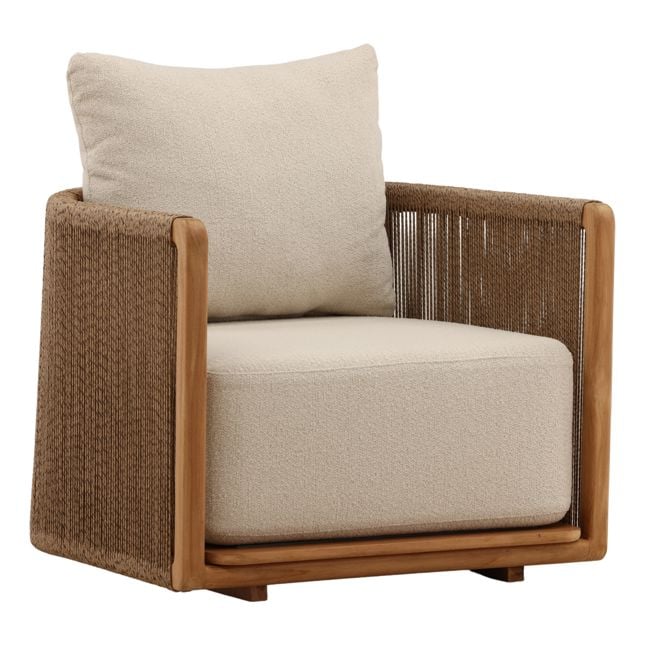 Beige armchair with woven brown frame on a white background