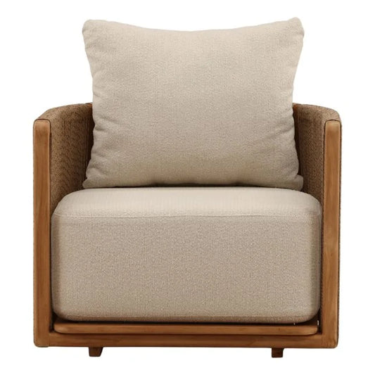 Beige armchair with wooden frame on a white background