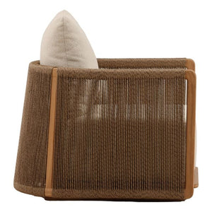 Brown woven chair with a white cushion on a white background