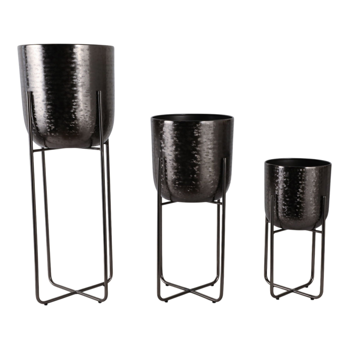 15" / 20" / 27" Etched Metal Planter On Stand (Set of 3) - Black