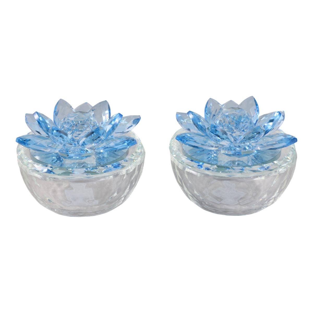 Glass Trinket Box With Lotus Top (Set of 2) - Clear / Royal Blue