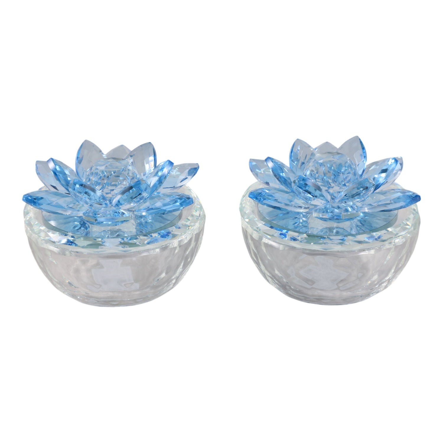 Glass Trinket Box With Lotus Top (Set of 2) - Clear / Royal Blue