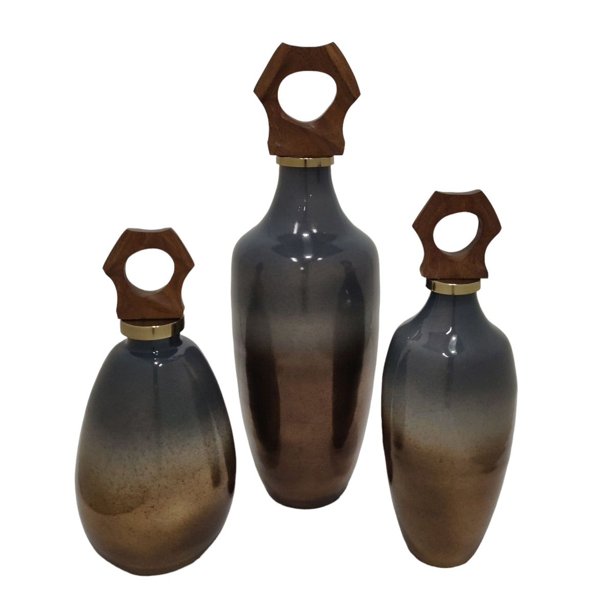 13" / 15" / 19" Zimmerman Wood And Glass Bottles With Stoppers (Set of 3) - Blue