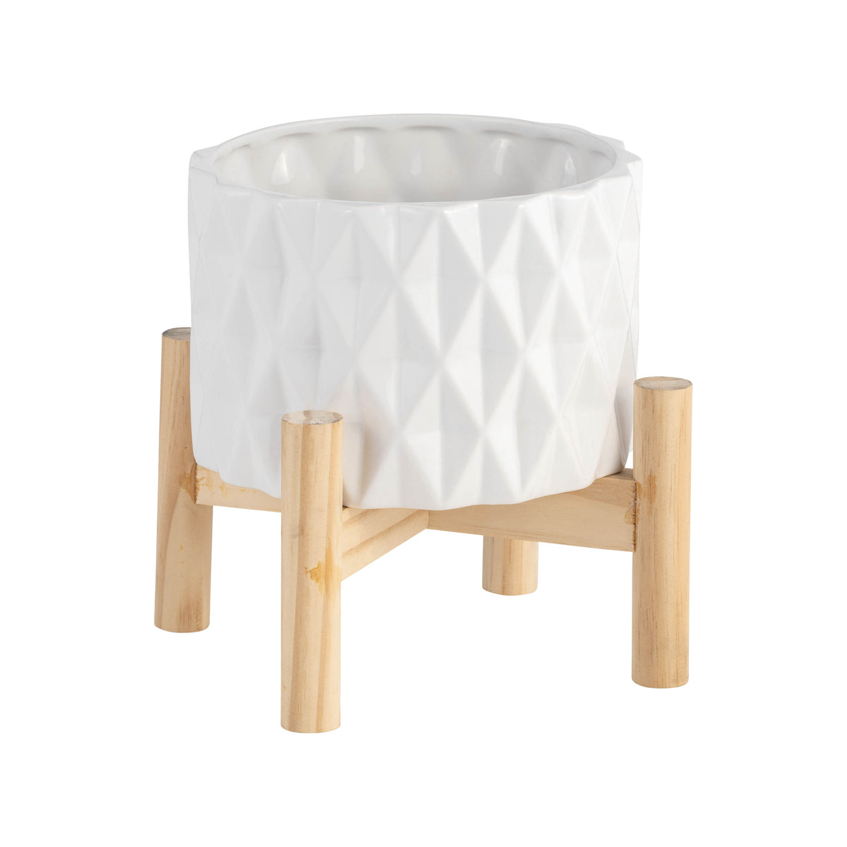 Ceramic Diamond Planter With Wood Stand 6" - White