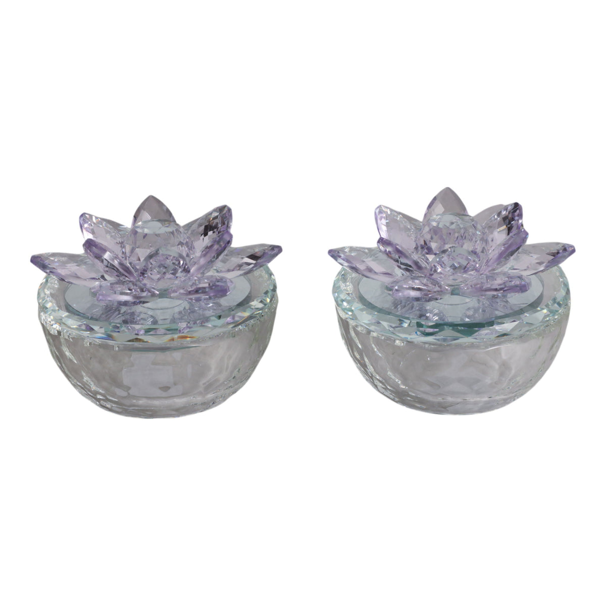Glass Trinket Box With Lotus Top (Set of 2) - Clear / Purple