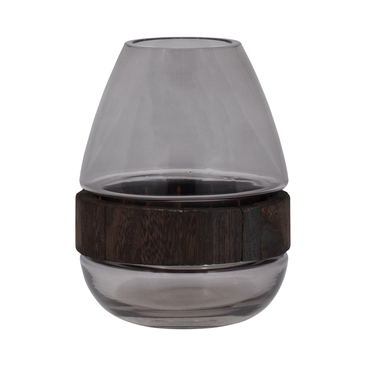 Glass 10" Belly Vase With Wood Band - Clear