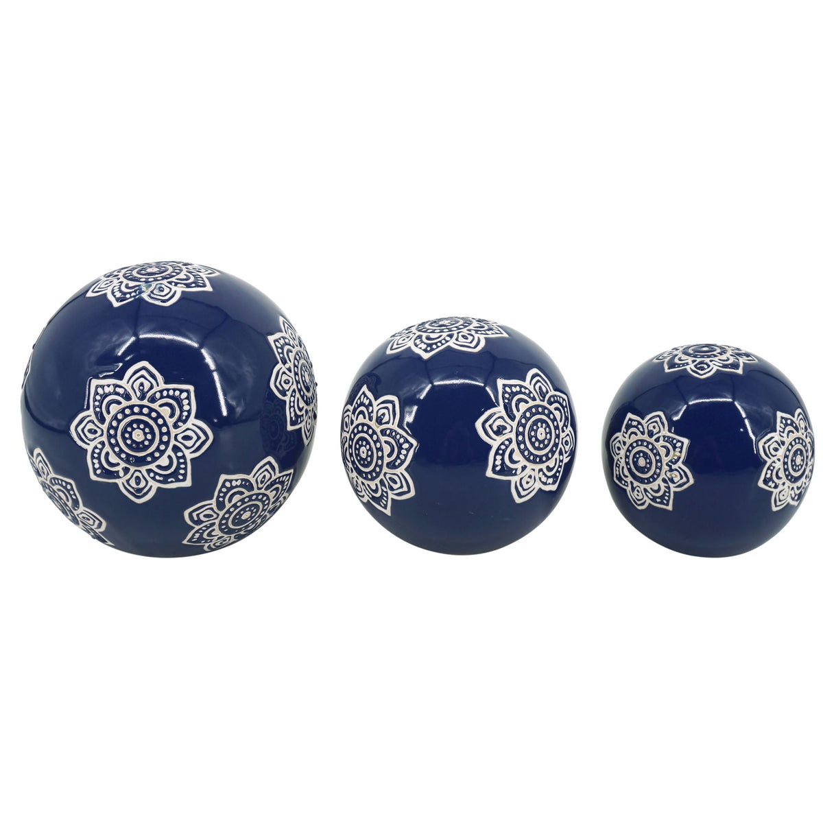 4" / 5" / 6" Ceramic Chinoiserie Lotus Orbs (Set of 3) - Blue / White