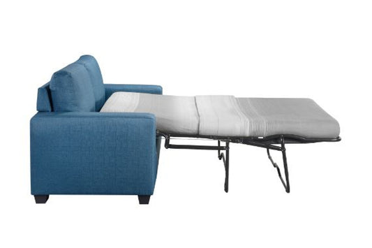 Blue sectional sofa with a pull-out bed on a white background