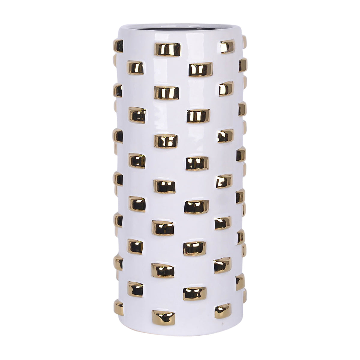 Stoneware 15" Cylinder Vase - White / Gold