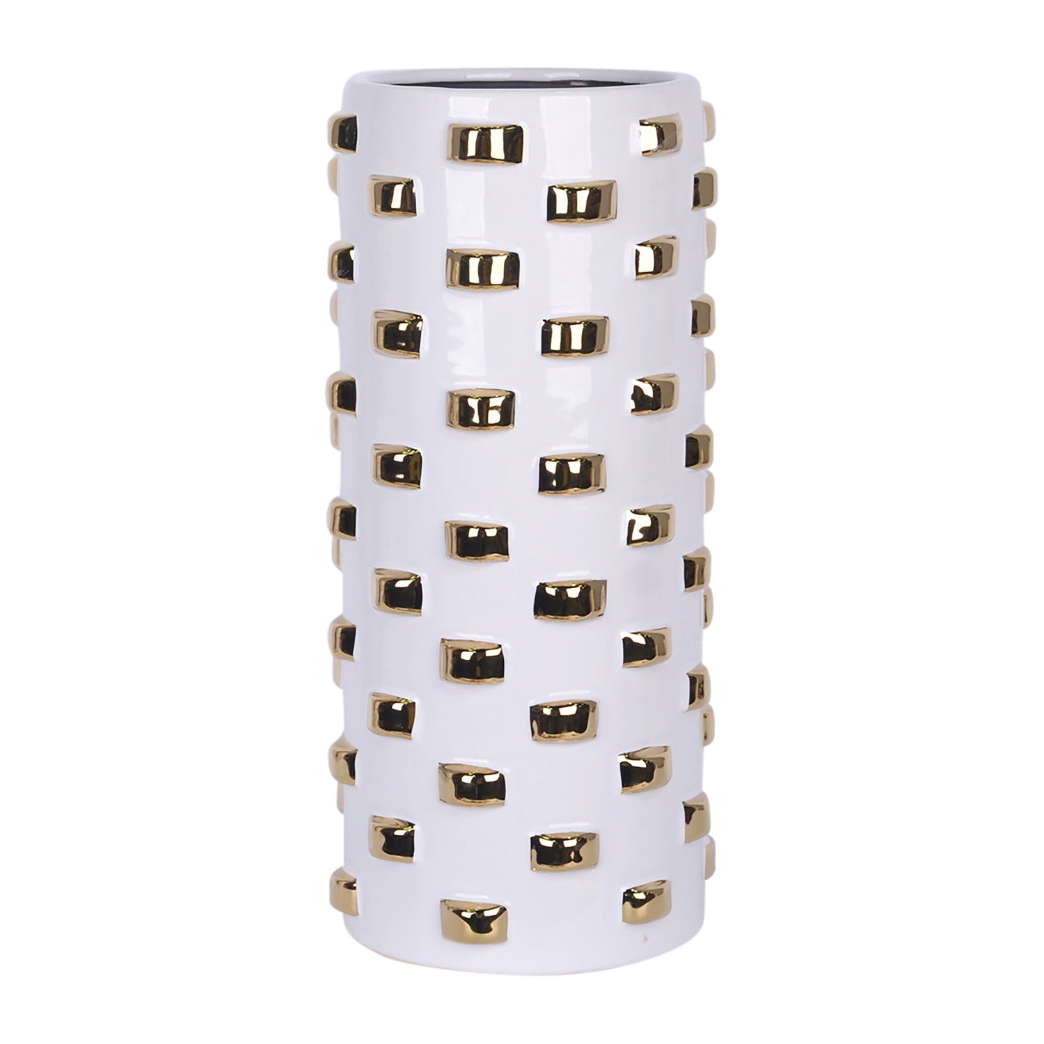 Stoneware 15" Cylinder Vase - White / Gold