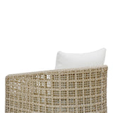 Woven chair with a white cushion on a white background