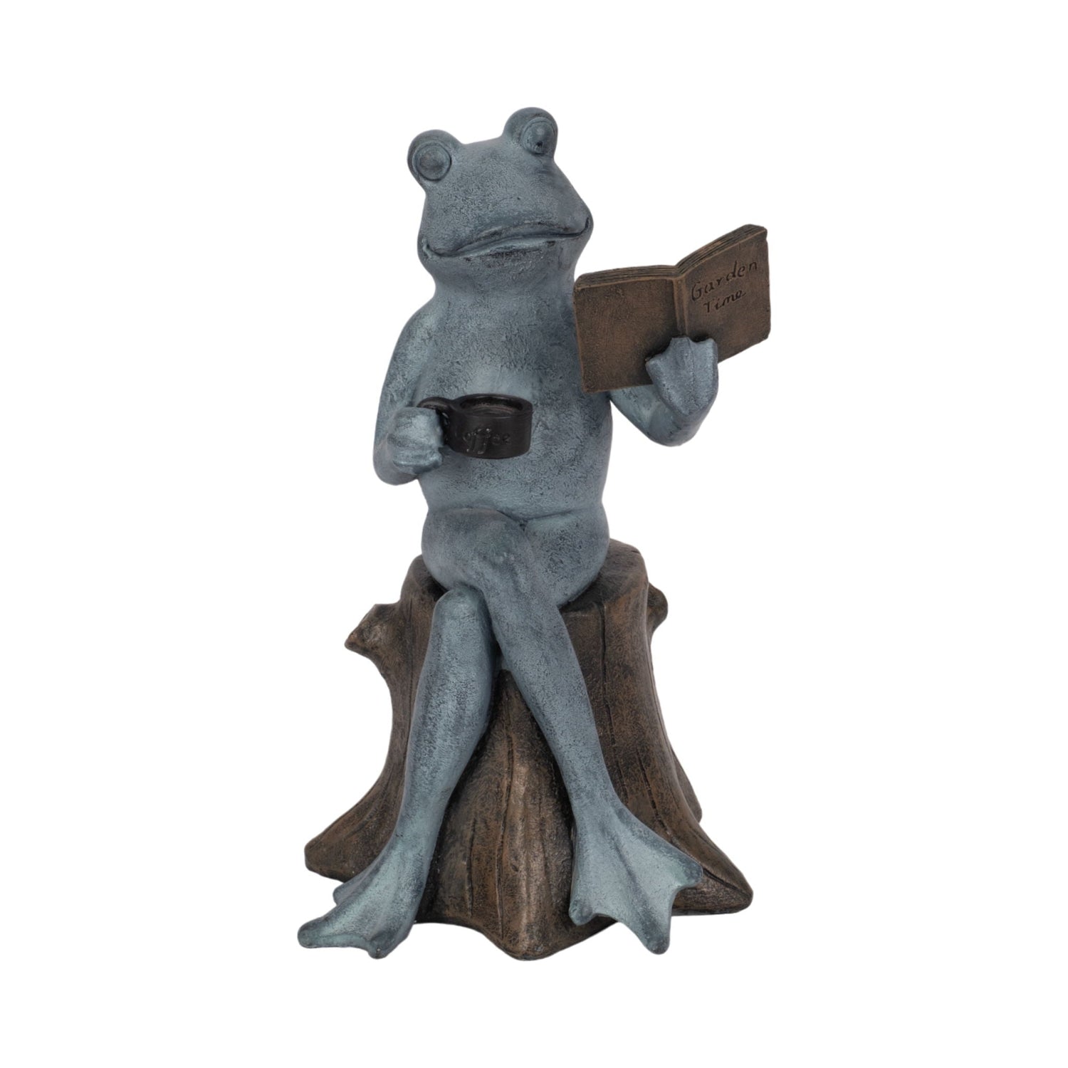 13" Frog On Stump With Book And Coffee - Multi