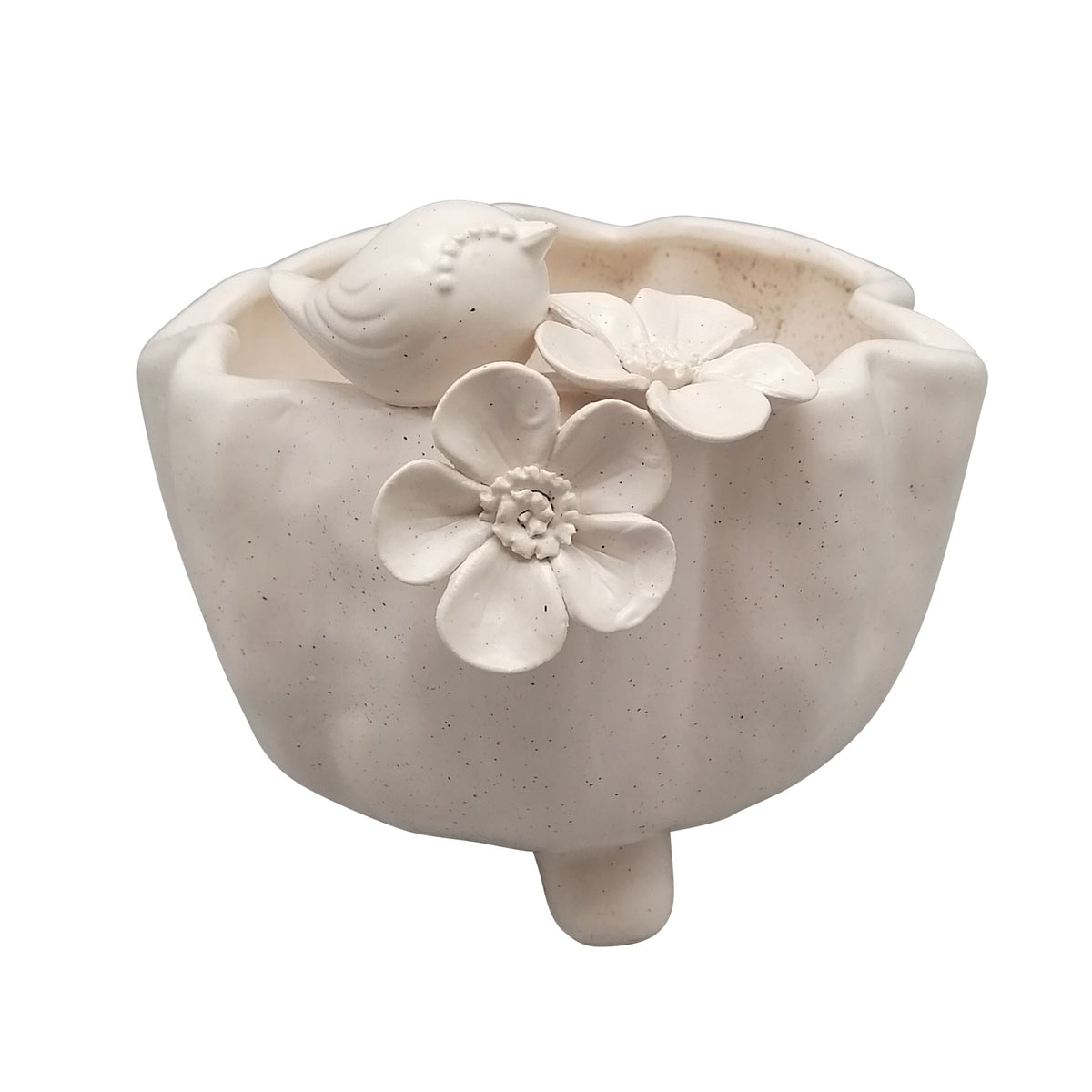 7" Bird And Flower Applique Footed Planter - Ivory