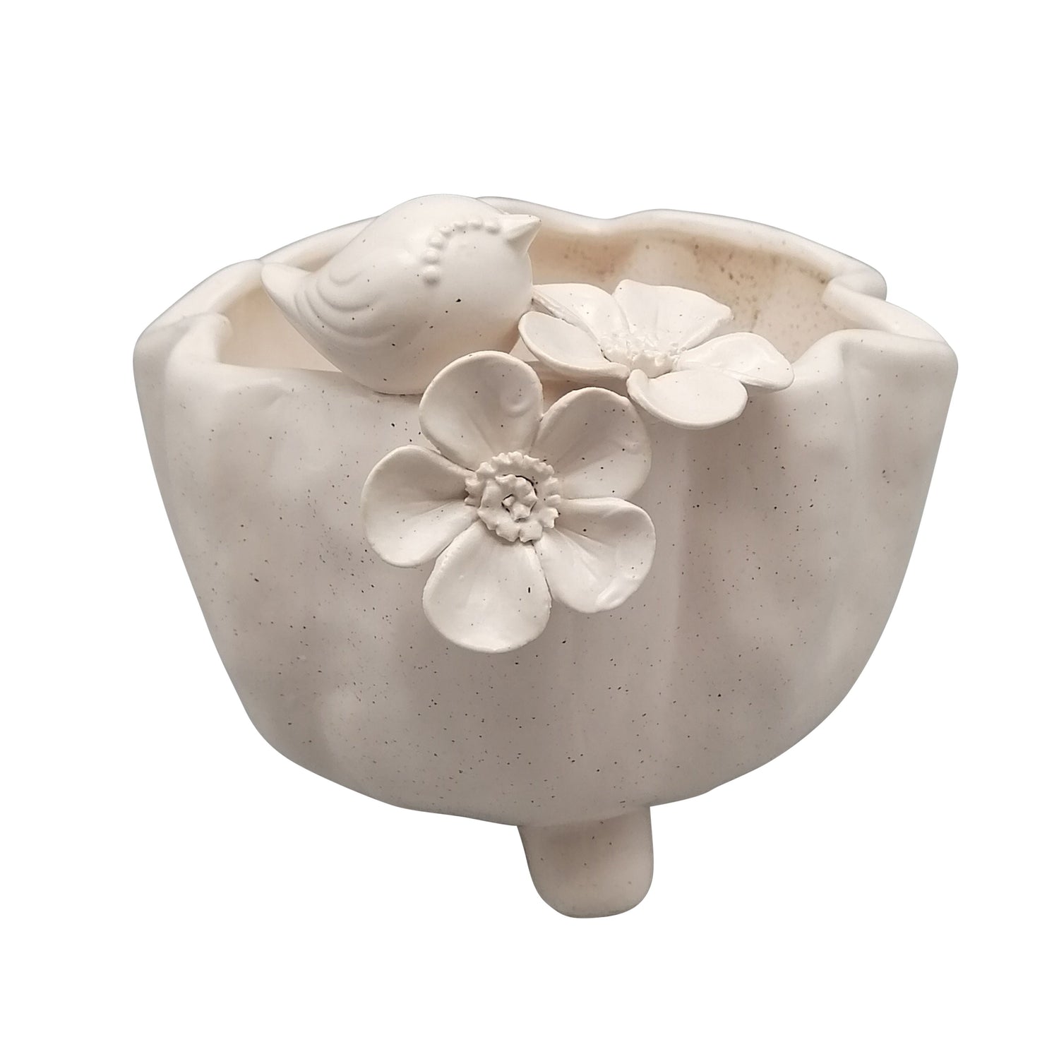 7" Bird And Flower Applique Footed Planter - Ivory