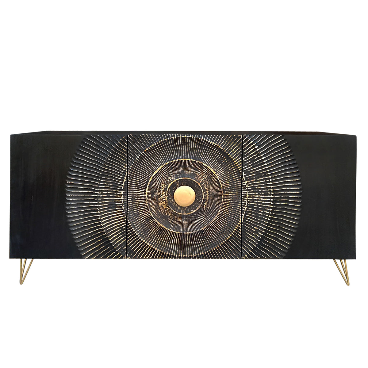 Wood Carved Circle Console Cabinet 63 x 30" - Black