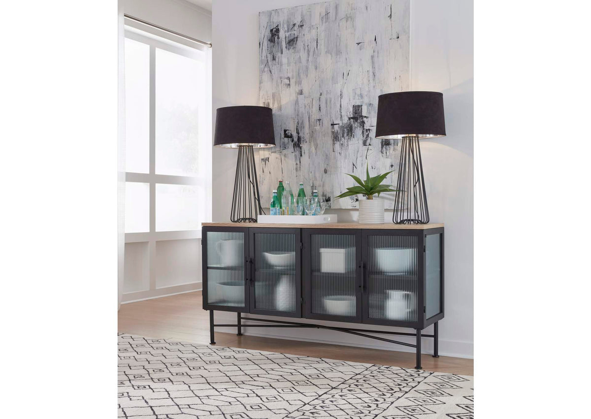 MZEZ78 Aere Four Door Ribbed Glass, Metal And Wood Sideboard In Natural Ash And Black
