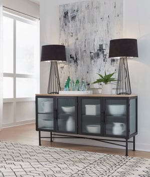 Aere Four Door Ribbed Glass, Metal and Wood Sideboard in Natural Ash and Black