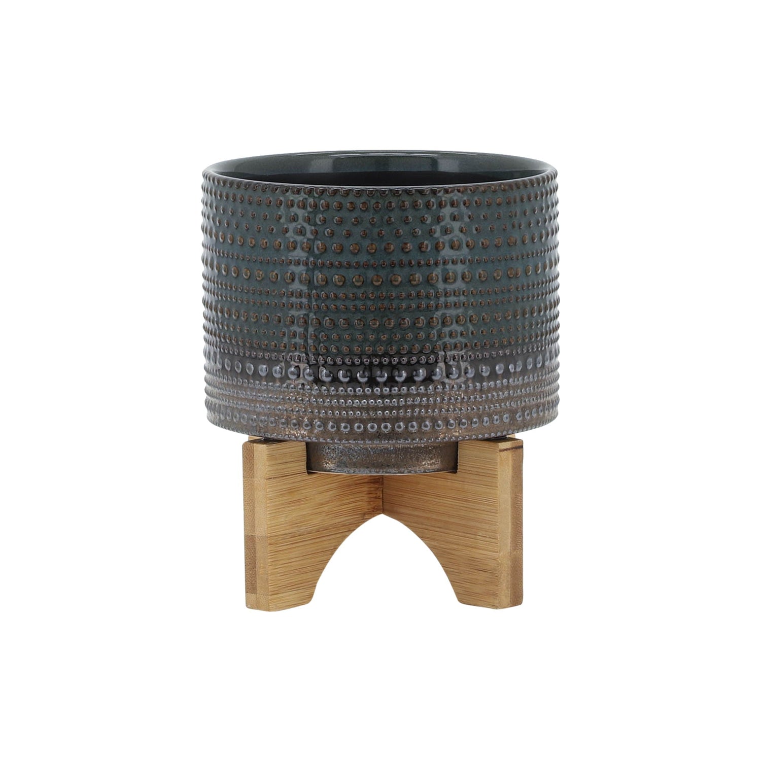 Dotted Planter With Wood Stand 5" - Green