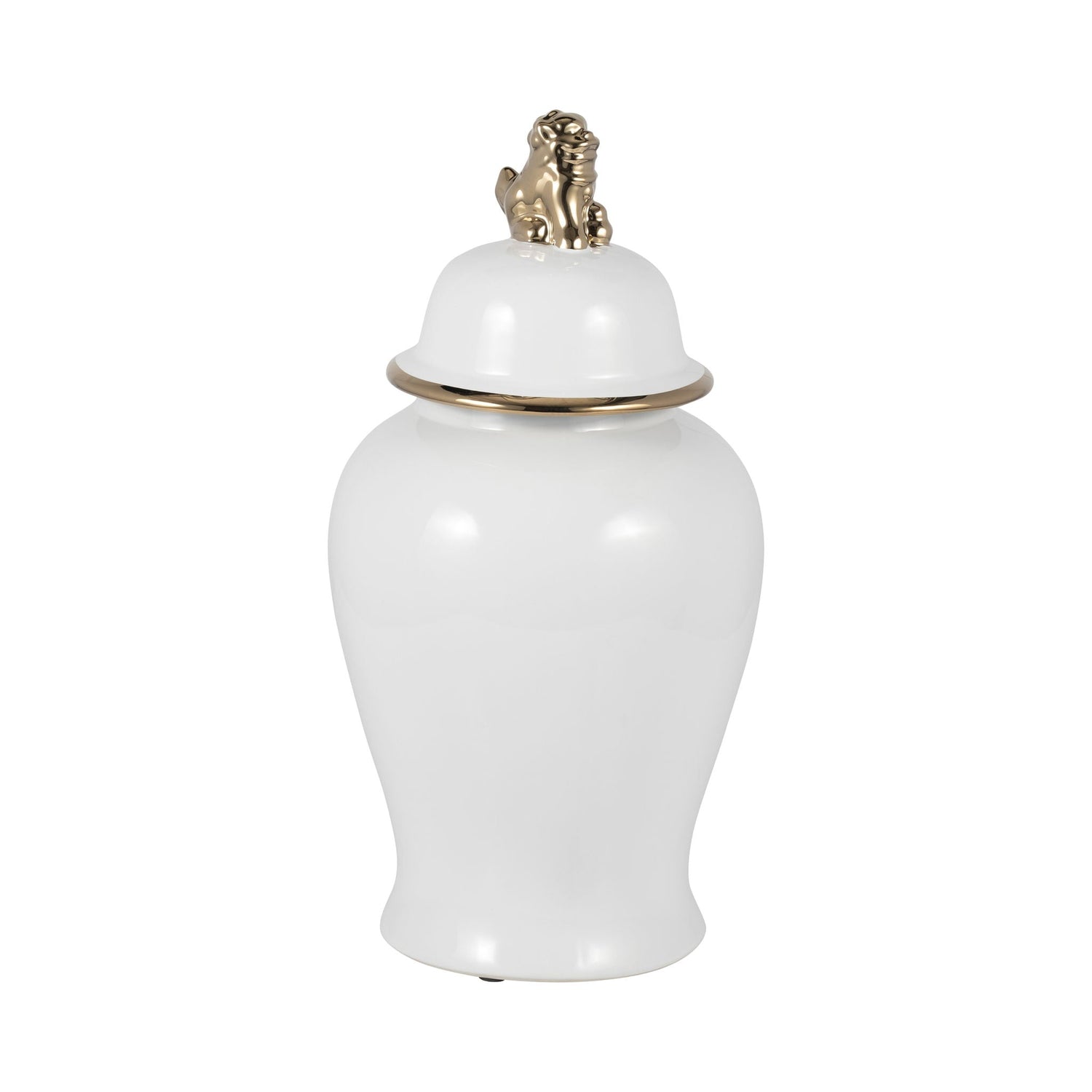 18" Lion Head Temple Jar - White / Gold