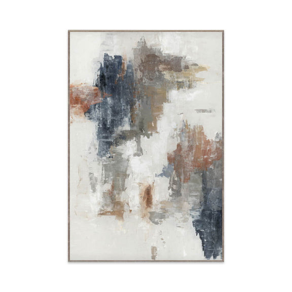 Abstract art painting with brown, blue, and white colors on a white background