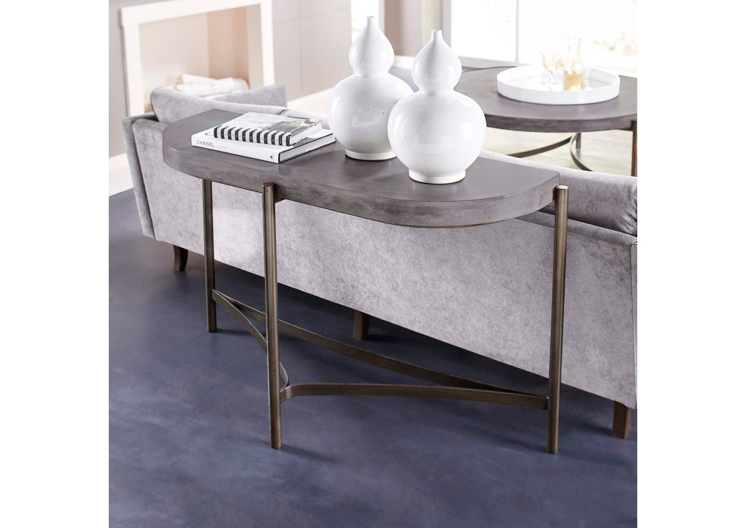 A89423 Lyon Semi - Circular Natural Concrete And Metal Console Table