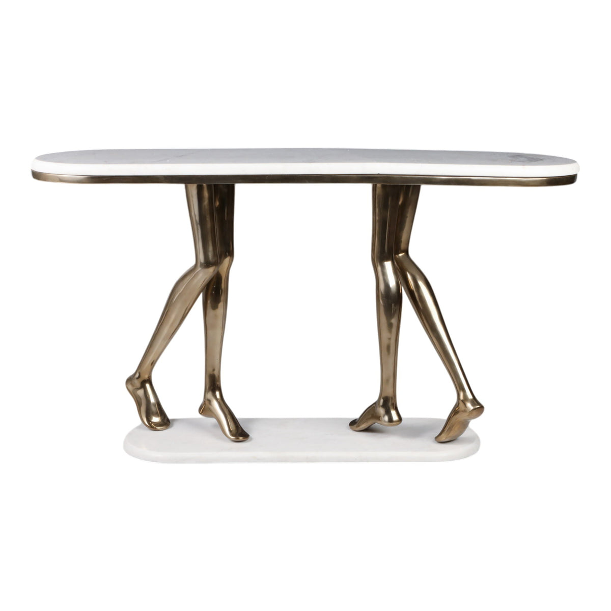 55" Console Table Polished Deep Metal With Marble - White