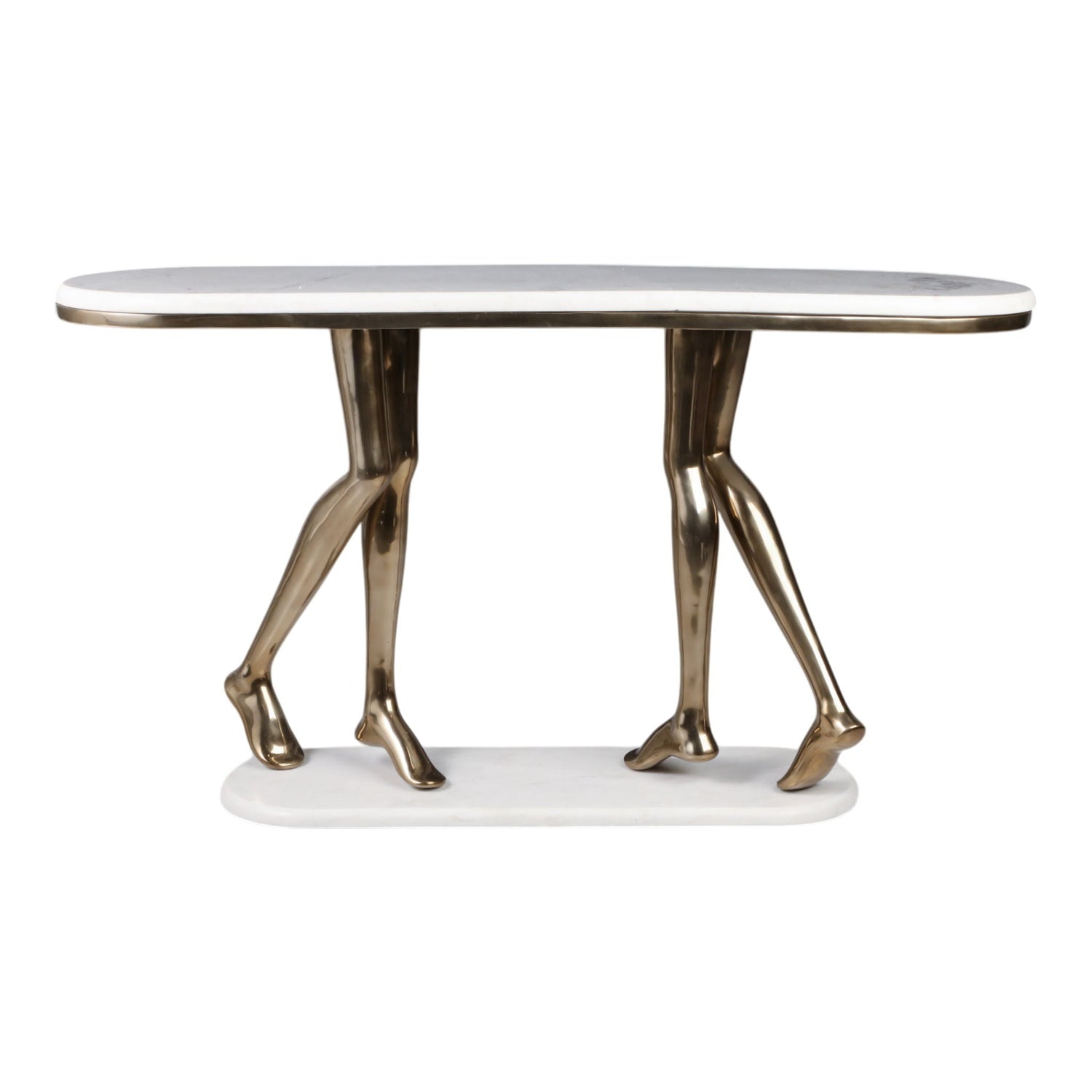 55" Console Table Polished Deep Metal With Marble - White