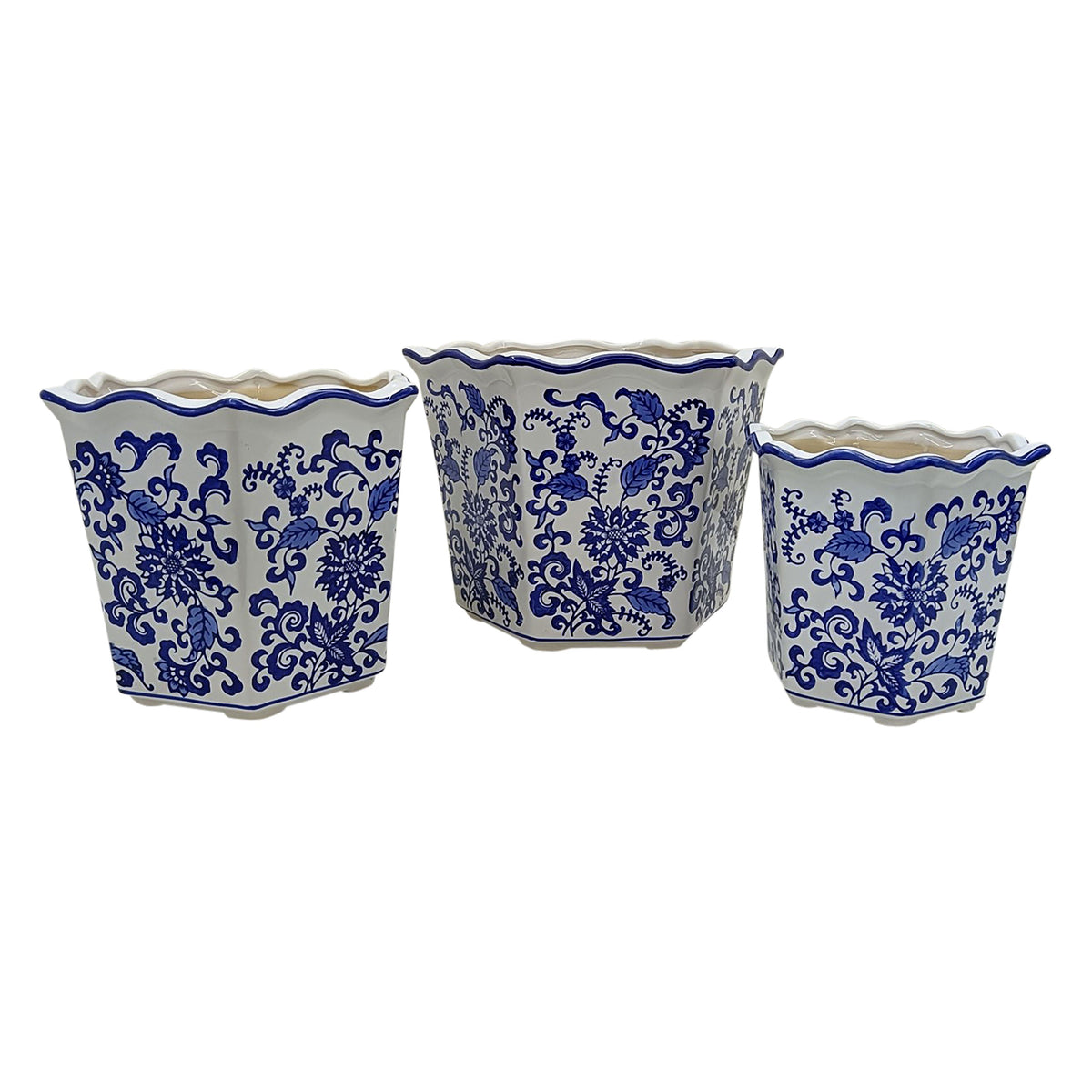 8" / 10" / 12" Chinoiserie Dahlia Planters (Set of 3) - Blue / White