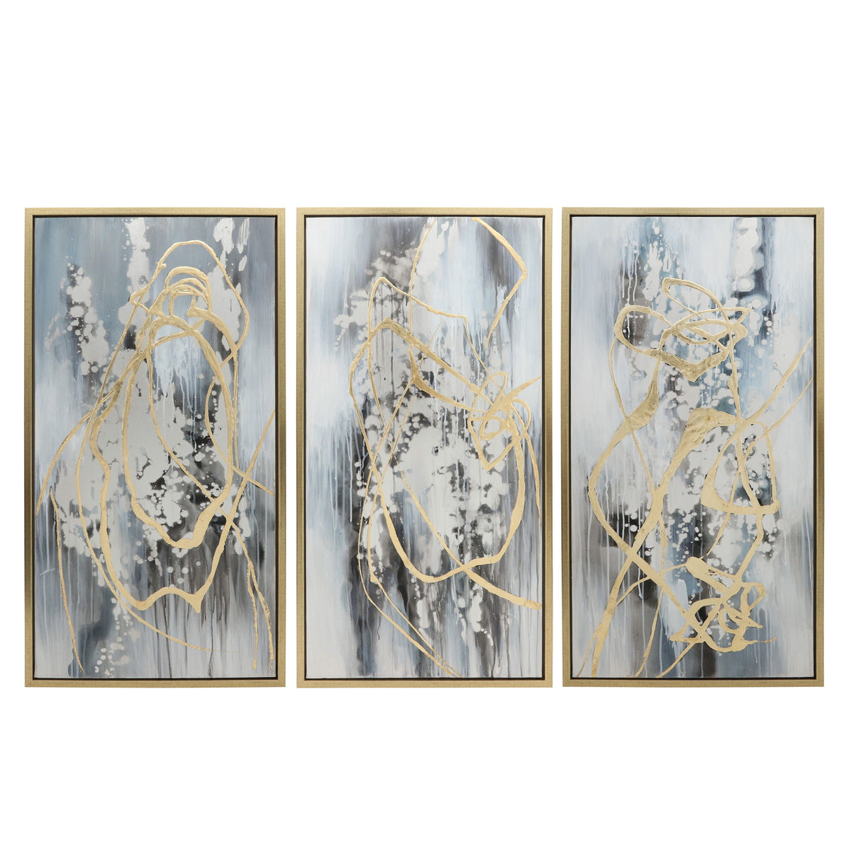 22" x 42" Abstract Canvas On Gold Frame (Set of 3) - Multi