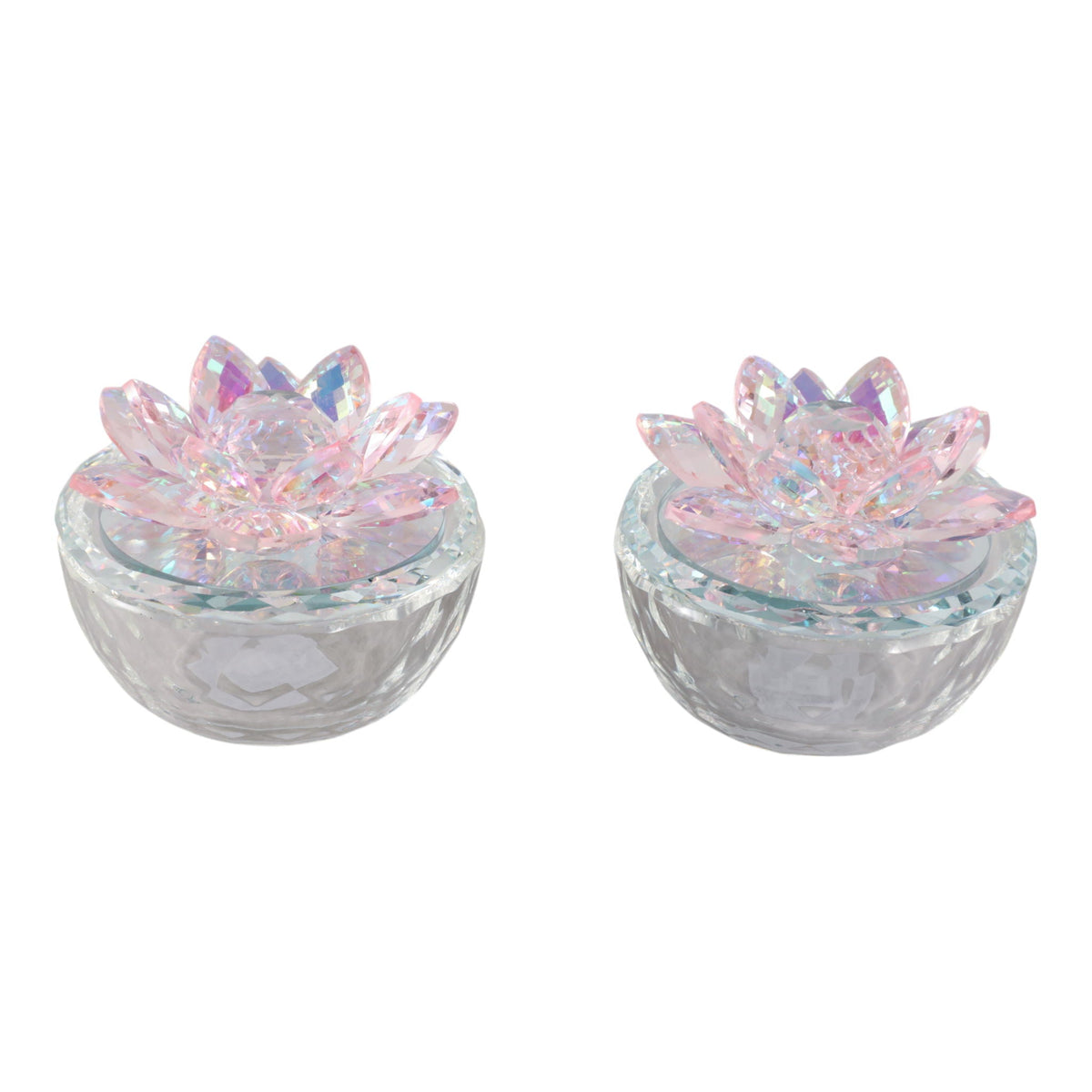 Glass Trinket Box With Lotus Top (Set of 2) - Clear / Blush