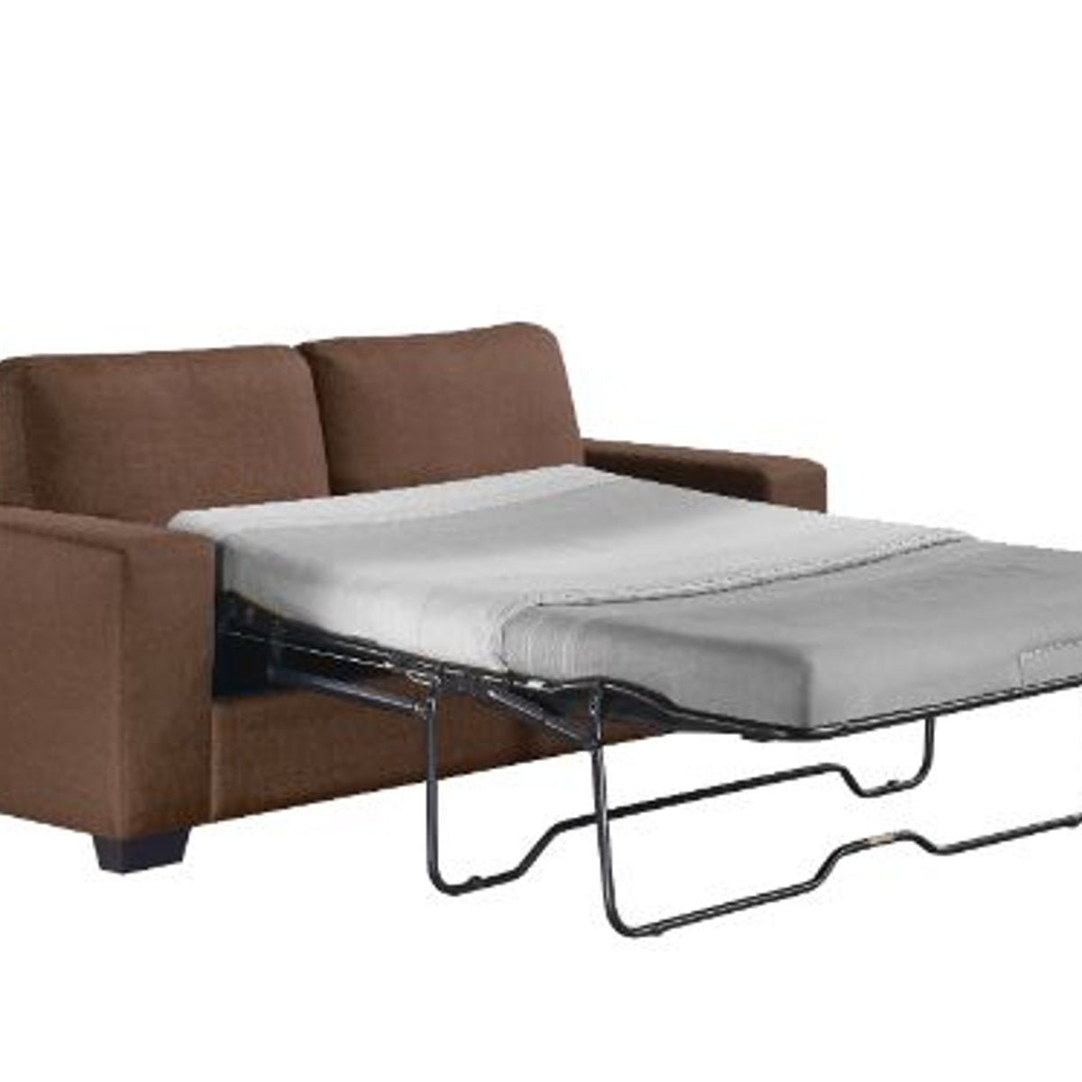 Brown sofa bed with a pull-out mechanism on a white background