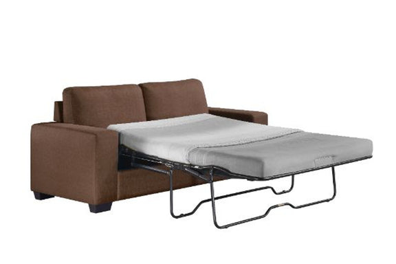Brown sofa bed with a pull-out mechanism on a white background